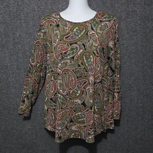 J. Jill Black Green Paisley A-Line Top Medium Smocked Flowy